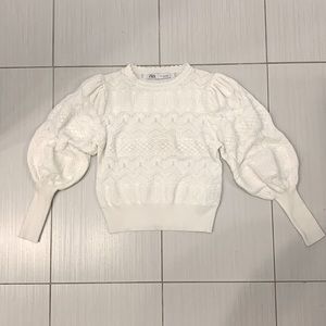 Zara White Laced Sweater with Long Statement Sleeve